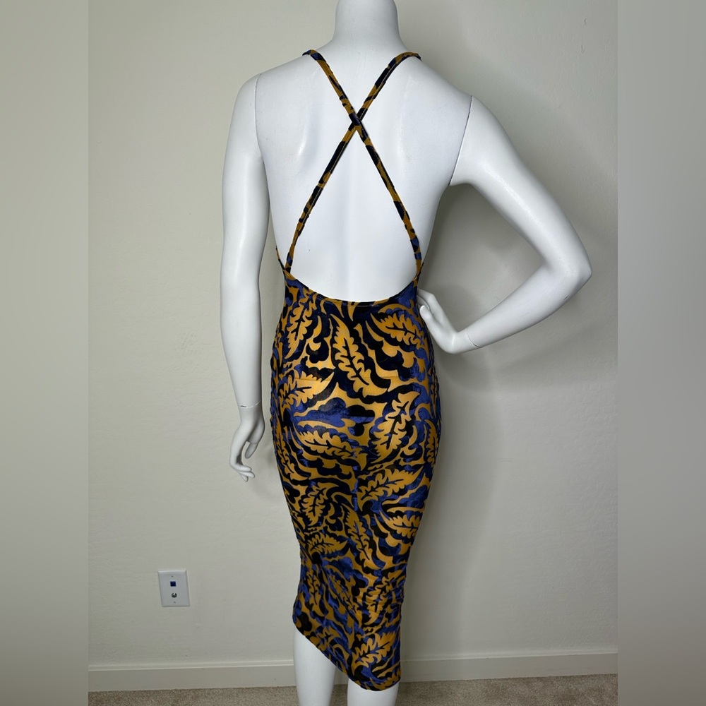MAGIA BLUE BROWN CRISS CROSS BACK BODYCON MIDI DRESS SZ S NWOT